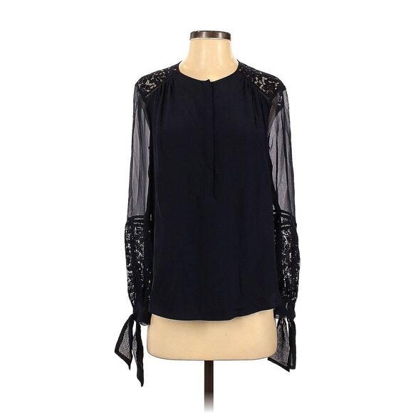 Rebecca Taylor Blue Embroidered Detail Semi Sheer Balloon Long Sleeve Blouse 4 - Picture 1 of 2